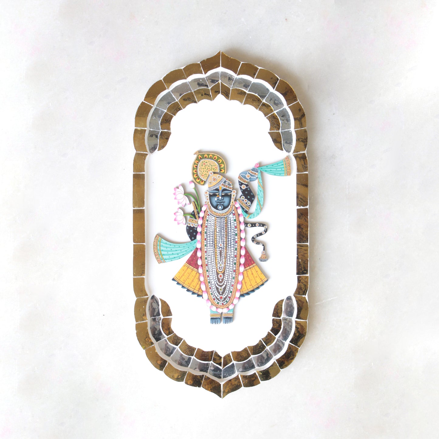 Shrinath Ji with Thikri Border Mirror Mosaic (Made-To-Order)