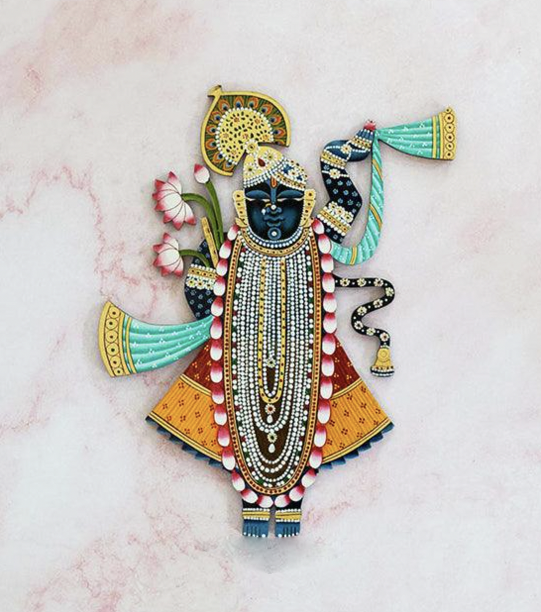 Shrinath Ji with Banana Leaf Thikri Mirror Mosaic (Made-To-Order)