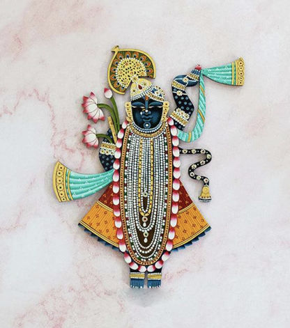 Shrinath Ji with Banana Leaf Thikri Mirror Mosaic (Made-To-Order)