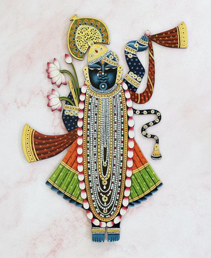 Shrinath Ji with Banana Leaf Thikri Mirror Mosaic (Made-To-Order)