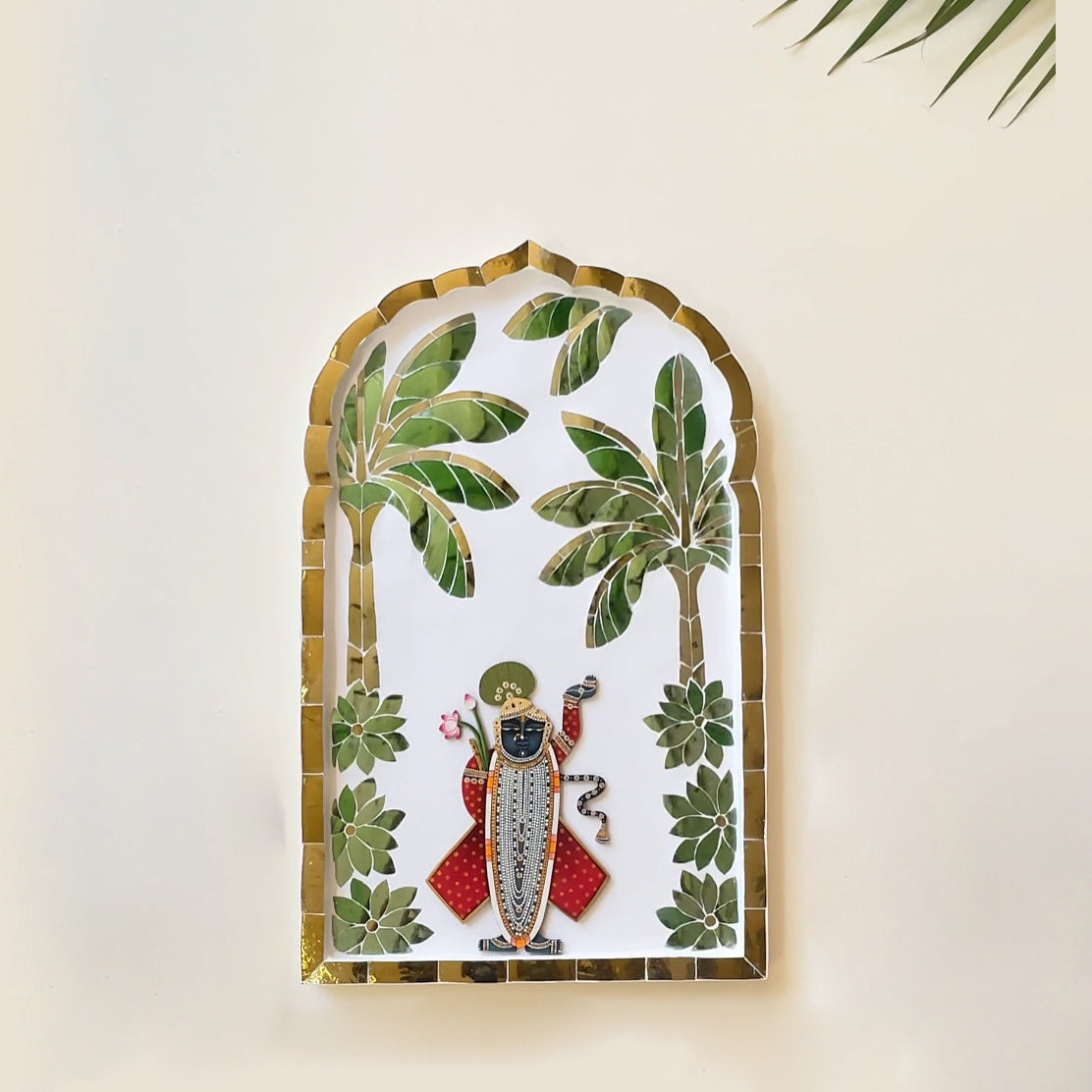 Shrinath Ji with Banana Leaf Thikri Mirror Mosaic (Made-To-Order)