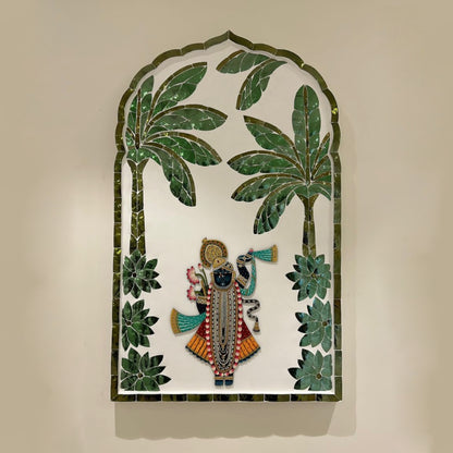 Shrinath Ji with Banana Leaf Thikri Mirror Mosaic (Made-To-Order)